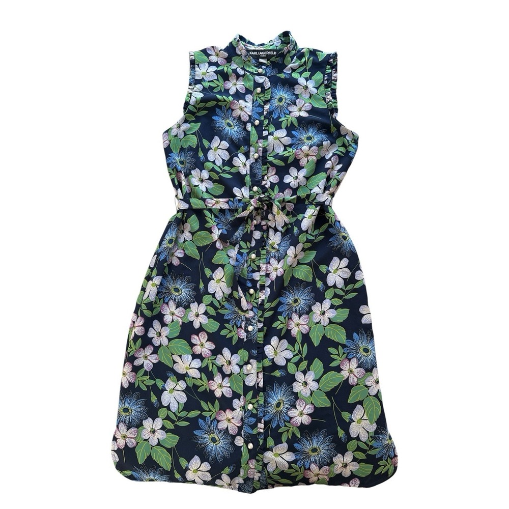 Karl Lagerfeld Paris Dress Size 4 Blue Green Floral Sleeveless Button Up Ruffle